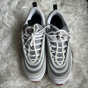 Nike Air Max 97 White Bullet men's shoe in white, silver, and varsity red